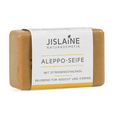Aleppo-Seife mit Zitronenschalenöl schräg Jislaine Naturkosmetik